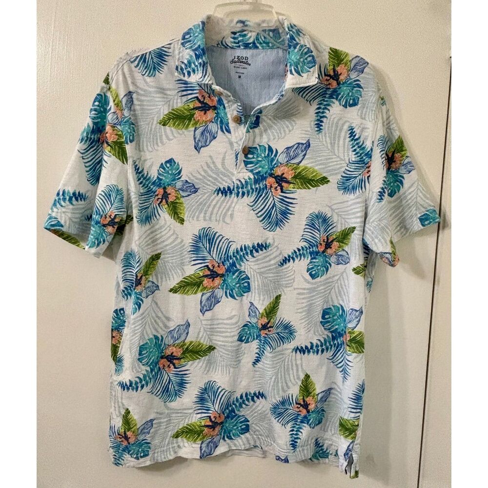 IZOD Saltwater Mens M 100% Cotton Plumeria Floral Hawaii Aloha Short Slv Shirt